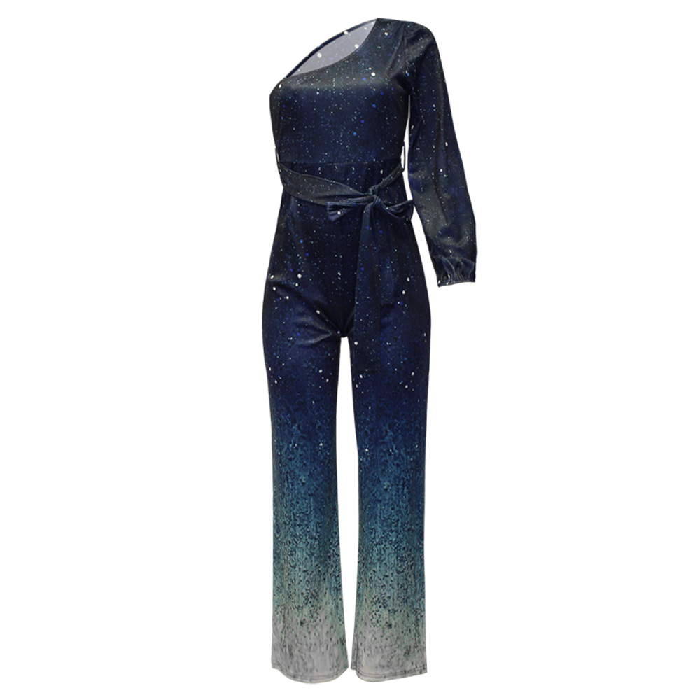 Damenbekleidung, Jumpsuit mit Farbverlauf und diagonalem Kragen, langärmelig, sexy, weite Beinhose_voghion.com