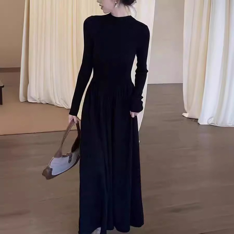 秋冬慵懒风半高领长袖连衣裙女2025新款收腰显瘦中长款A字大摆裙|undefined