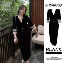 法式赫本风黑色丝绒连衣裙高级感收腰小黑裙高端轻奢小众礼服裙女