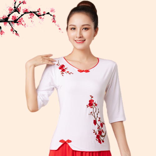 9206 Plum Blossom Embroidered Top Modal Square Dance Costume Short Sleeve Middle-Aged Dance Wear Dancing Clothes