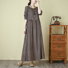 25春装新款条纹印花度假风旅游圆领复古长裙遮肉棉麻连衣裙