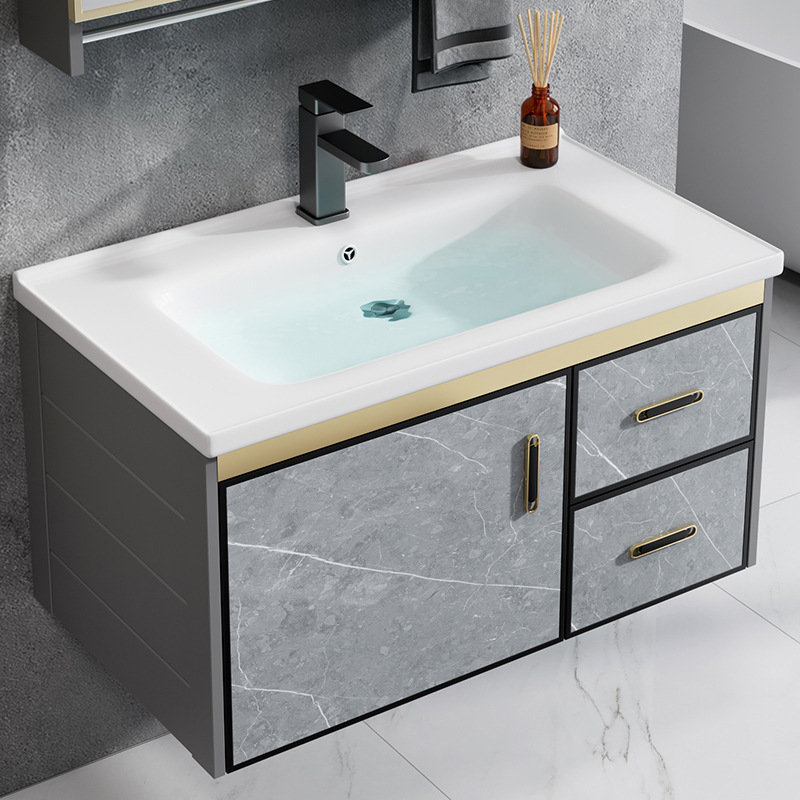 Combinación de gabinete de baño de aleación de aluminio espacio moderno lavabo de baño minimalista Placa de roca lavabo mesa de lavado integrada