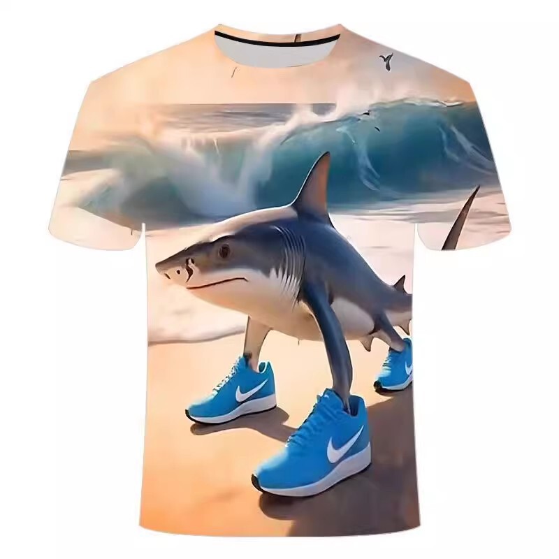 Summer New American Ai Shan Hai Jing Short-Sleeve Abstract Wooden Stick Shark Series 3D Printed Trendy Unisex T-Shirt