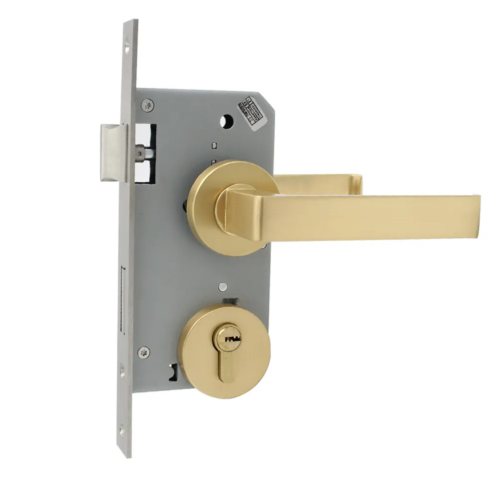 Cerradura de Puerta Interior de Lujo, Silenciosa, con Manija Sólida de Aleación de Zinc en Oro Cepillado, para Puerta de Madera Maciza de Dormitorio