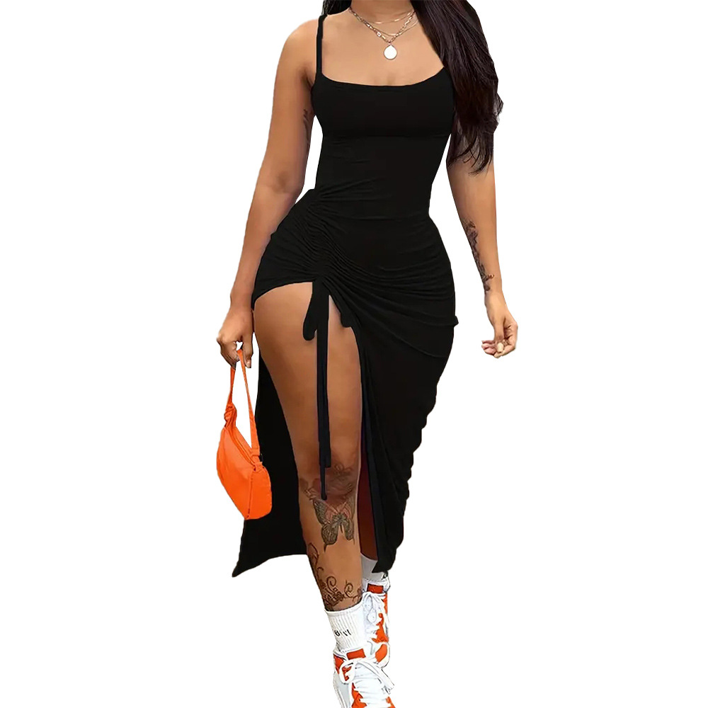 Sexy Ruched Drawstring Midi Dress with Side Slits Elegant Design Adjustable Fit Perfect for Parties Wholesale