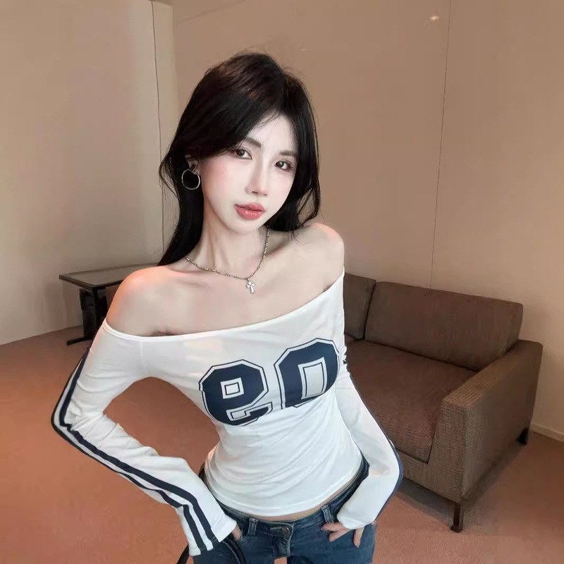 American Sports Striped Long-sleeved T-shirt Women's Early Autumn Spice Girls Sexy off-shoulder Top Shoulder Shirt Shown Body Base Shirt Inner Shirt American Sports Striped Long-sleeved T-shirt Women's Early Autumn Spice Girls Sexy off-shoulder Top Shoulder Shirt Shown Body Base Shirt Inner Shirt