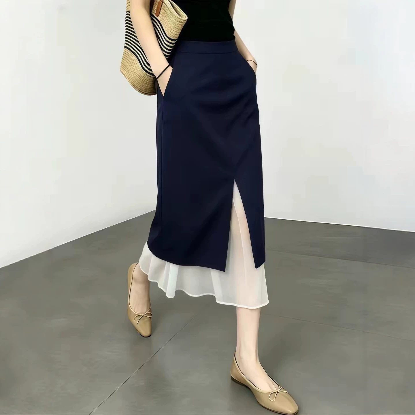 通勤风轻奢高级感绝美2026夏季新款深蓝色拼接高腰开叉半身裙女装