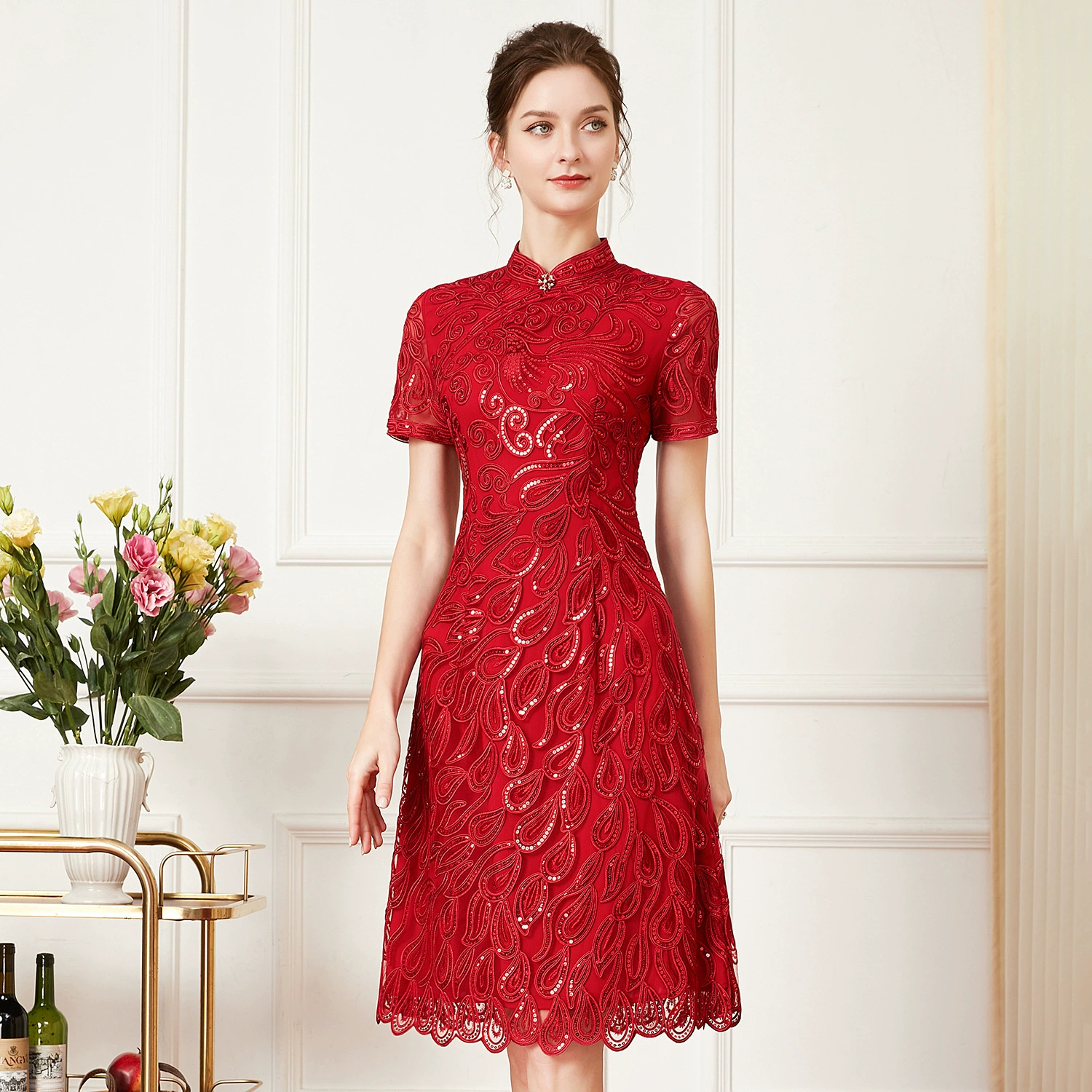 Долгосрочная поставка Шэньчжэнь, свадебная банкетная юбка, платье для матери, летнее красное платье с вышивкой, элитное платье больших размеров, оптовая продажа