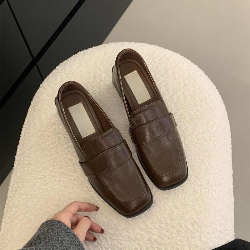 黑色乐福鞋方头懒人一脚蹬粗高跟小皮鞋百搭法式玛丽珍单鞋女中跟|undefined