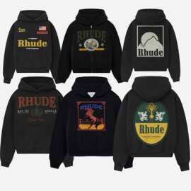 26SS跨境欧美潮牌RHUDE几何图案字母印花连帽卫衣男美式高街外套