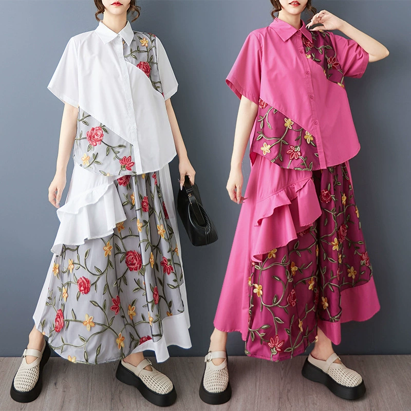 Настоящая фотография нового летнего стиля, свободный дизайн, сетчатая рубашка с вышивкой, топ, юбка с рюшами, комплект из двух предметов