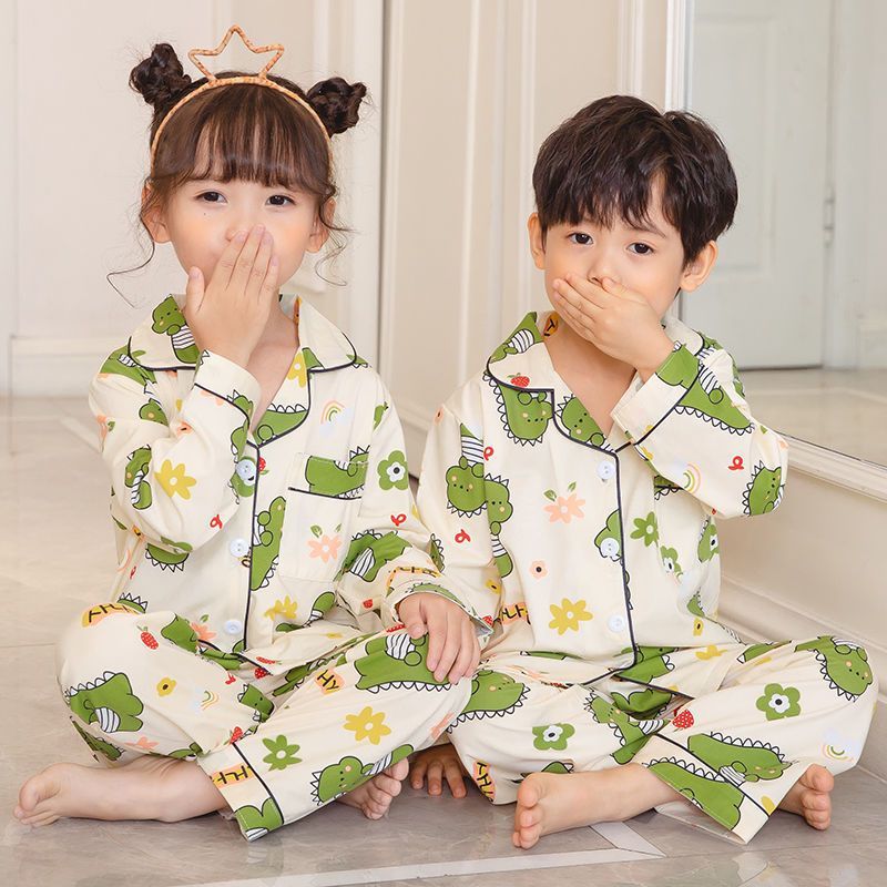 Children's Pajamas Boy's Long Sleeve Spring and Autumn Thin Dinosaur Cartoon Big Boy's and Girl's Baby Home Clothes suit
