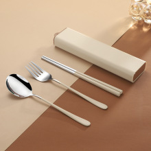 304不锈钢便携餐具带盒子勺叉筷三件套 学生旅行餐具外出餐具卡通