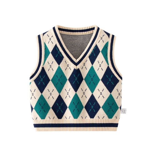 Grid baby vest top pure cotton Class A baby vest spring and autumn outerwear English style boys vest knitted top