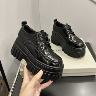 Black Thick-Soled Loafers for Women Spring 2025 New Versatile Flats British Small Leather Shoes Small Height Increasing Women's Shoes