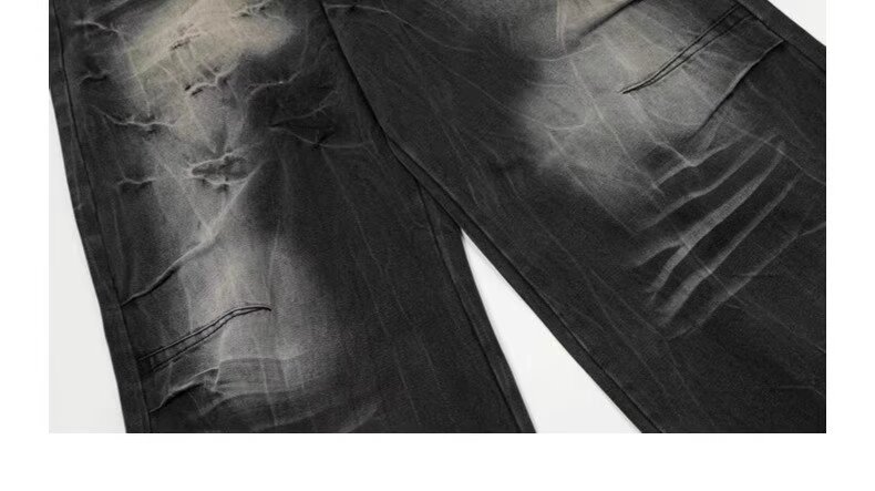 2025 Spring And Autumn American High Vintage Distressed Dyed Paris Ripped Jeans Men's Street Straight Loose Flared Pants_mkmklike.com