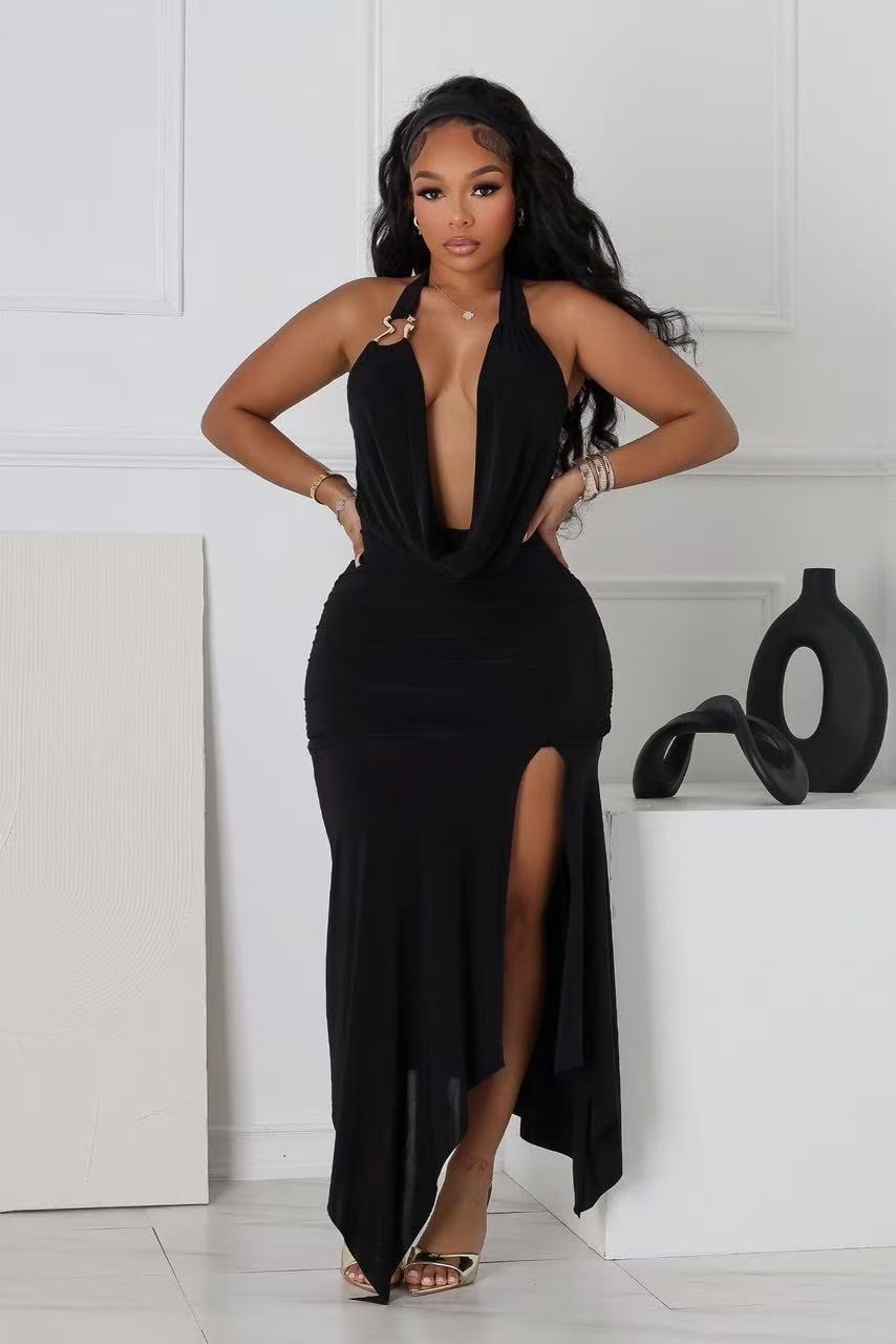 Women's Clothing Sexy Hot Girl Women's Halter Neck V Neck Backless Slit Long Dress Style Fashion Temperament Slim Fit_ecoleips.com