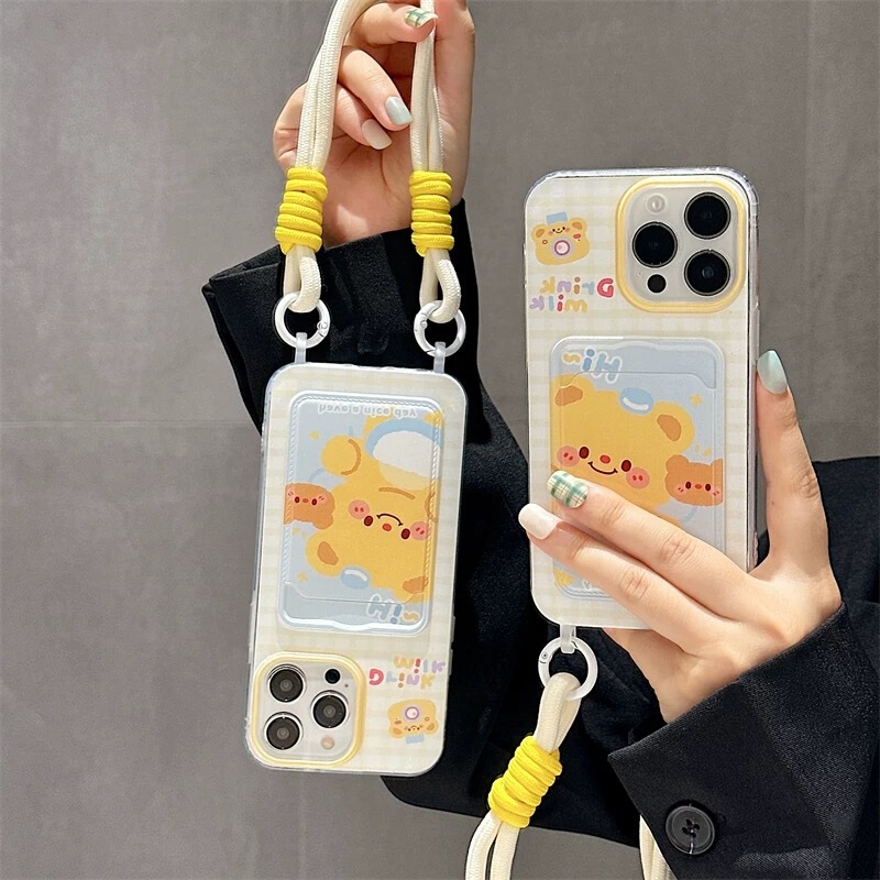 Cute Butter Bear Apple 16promax Phone Case iPhone15 Cartoon 14 Card Bag 13 Lanyard 12