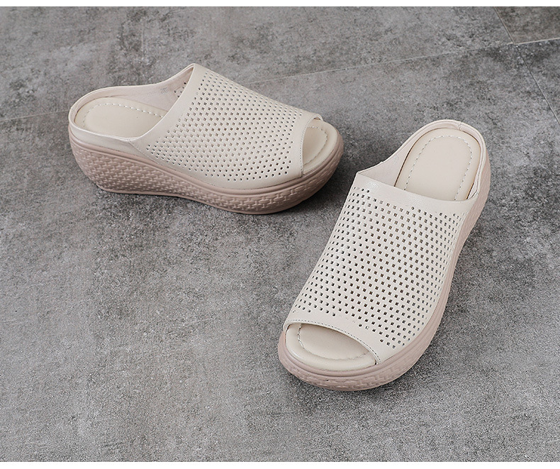 Dép sandal nữ quai chữ V đơn giản, đế xuồng cao, da bò thật, mũi hở — màu nâu chi tiết 14