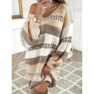 J 63489 Knitted striped lantern sleeve sweater �����l�y���\