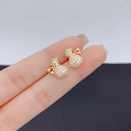 韩国小众设计感满钻钱袋耳环时尚气质小巧精致耳钉S925纯银针耳饰