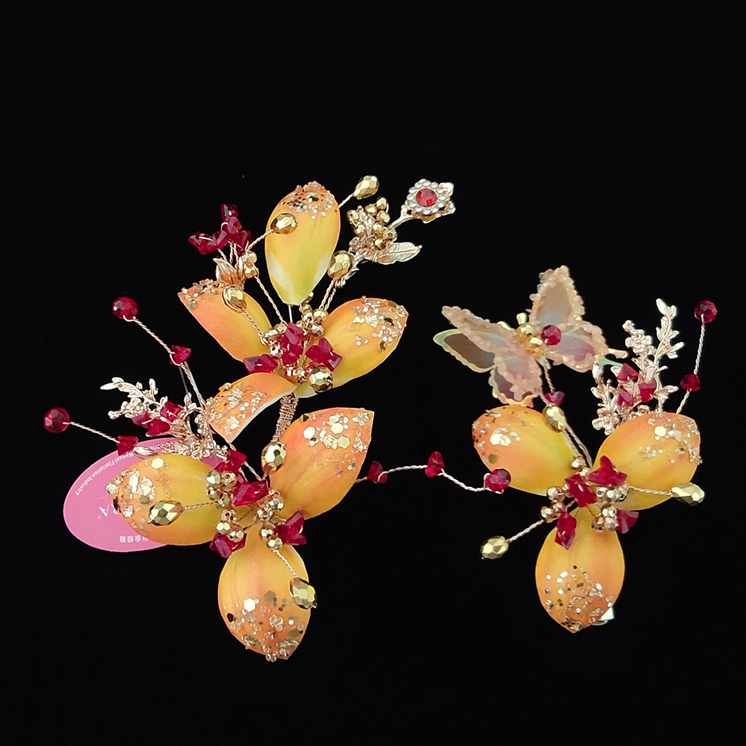 New Chinese-Style Bridal Xiuhe Dress Headpiece with Orange Floral Butterfly Hairpin, High-End Wedding Dressing Gown, Traditional Hair Accessory