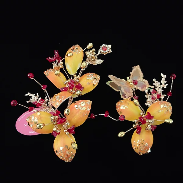 New Chinese-Style Bridal Xiuhe Dress Headpiece with Orange Floral Butterfly Hairpin, High-End Wedding Dressing Gown, Traditional Hair Accessory