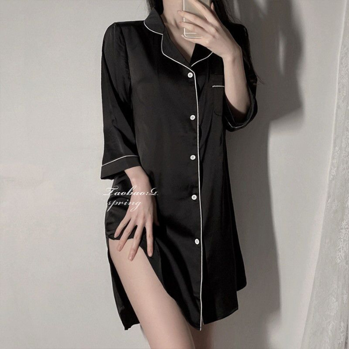 Pijamas de verano para mujeres en el hogar simple puro deseo sexy textura negra alta imitación pijamas de seda al por mayor