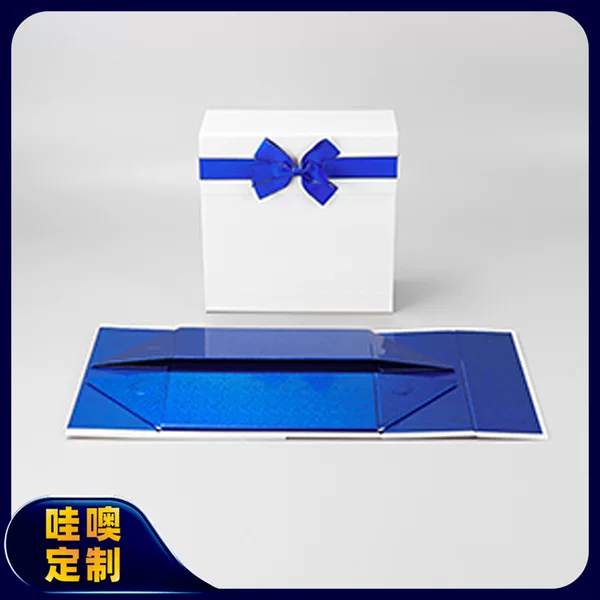 Wow Customized Valentine's Day Gift Square Blue and White Double Color One-Piece Foldableing Box with Gold Edge Bow.