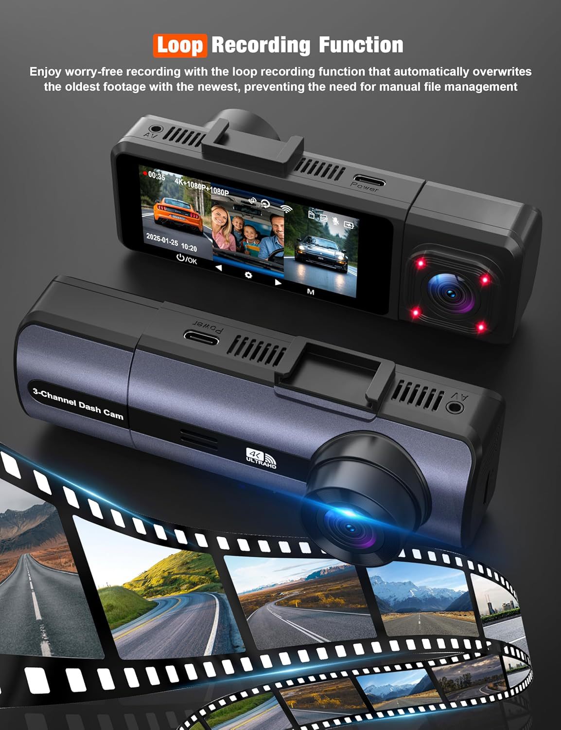 4K Ultra HD Triple-Camera Dash Cam with Wide-Angle Night Vision and Parking Monitoring, Complete Set of Accessories