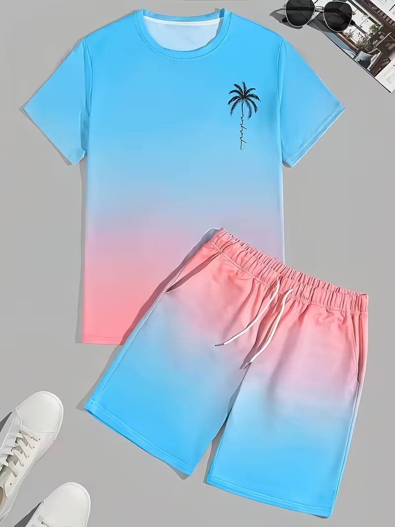 Fuente de fábrica de impresión de verano camiseta pantalones cortos gradiente transfronterizos casuales set de manga corta Europa