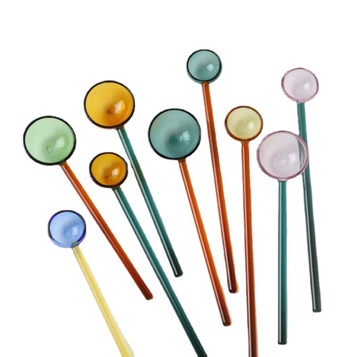 Creative milk dessert spoon, colorful pastoral transparent high temperature resistant glass spoon, cute long handle coffee stirring round spoon