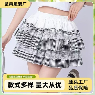复古格子半身裙女夏季高腰防走光A字甜辣风蛋糕短裙显瘦小个子