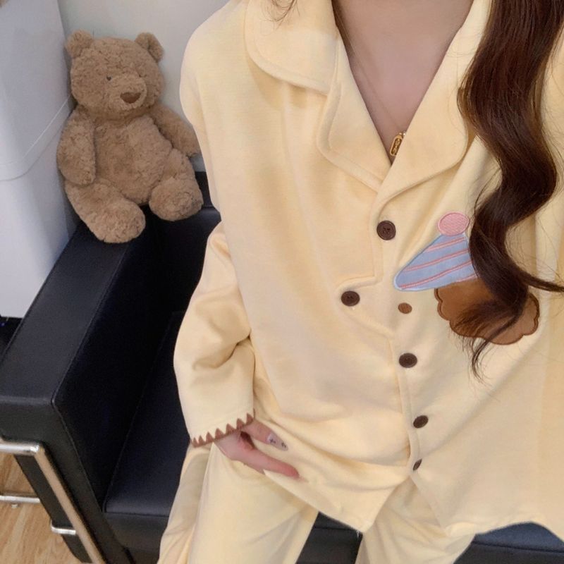 Al por mayor transfronterizo lindo cachorro pijama de cachemira mujer nuevo otoño invierno caliente ropa de casa cardigans dibujos animados dos piezas