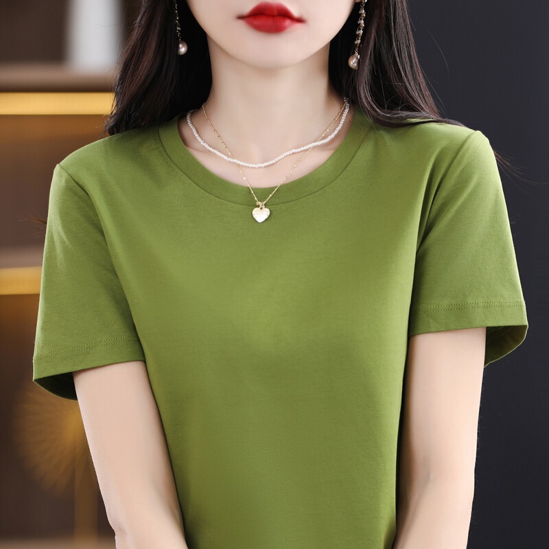 Crewneck mercerized cotton short-sleeved T-shirt women's 2023 summer new cotton top combed cotton front shoulder T-shirt white trend