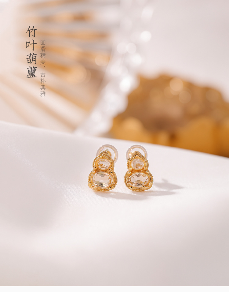 Khuyên tai nữ bạc S925 đính đá pha lê vàng hình hồ lô phong thủy — Cặp đôi chi tiết 2