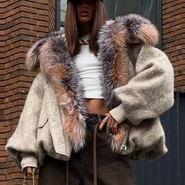 速卖通2025欧美跨境外贸款时尚个性大毛领皮草拉链纽扣口袋连帽棉