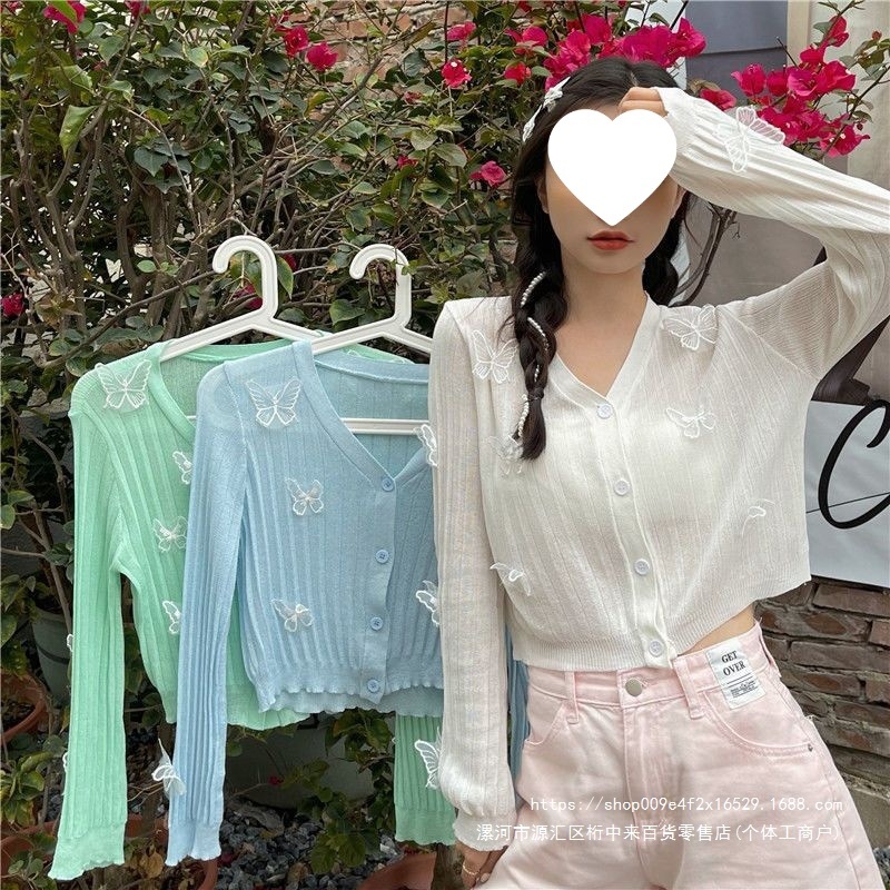 温柔风喇叭袖立体蝴蝶冰丝针织薄款长袖领防晒开衫女短款空调衫