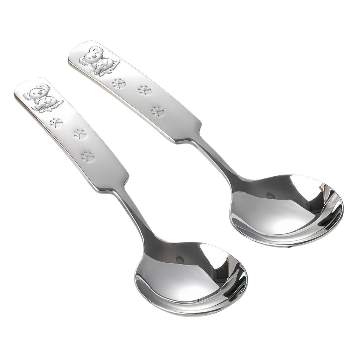 Colher de aço inoxidável com cabo curto e formato de coala para alimentação infantil. Ideal para bebês e crianças._voghion.com
