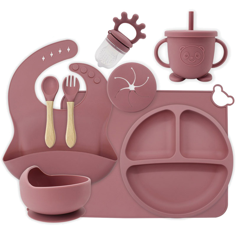 Juego de vajilla de silicona de una pieza, juego de diez piezas, plato de alimentación complementaria para bebés de seis meses, tazón de alimentación independiente para bebés