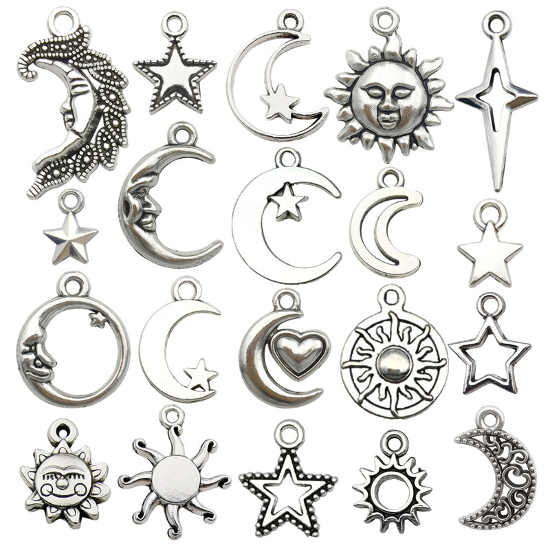 Vintage Alloy Sun Moon Star Jewelry Accessories DIY Necklace Bracelet Pendant Hidden silver Small Pendant Cross Border