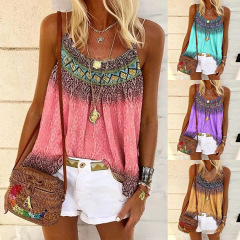 Same-day shipping 2024 European and American summer loose casual round neck strap hand-painted positioning printed women's vest T-shirt 