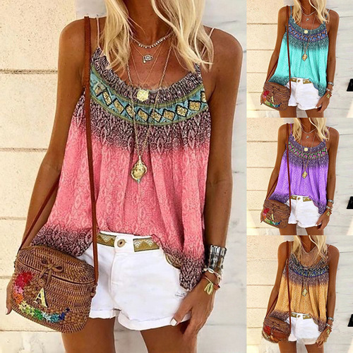 Same-day shipping 2024 European and American summer loose casual round neck strap hand-painted positioning printed women's vest T-shirt 
