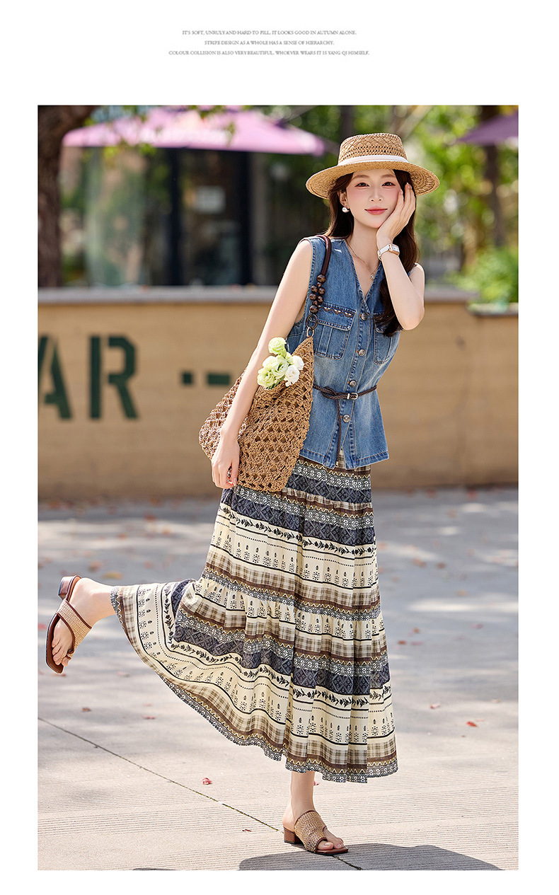 Bộ váy hai mảnh denim nữ V-neck áo vest in họa tiết chân váy midi — Màu ảnh chi tiết 12