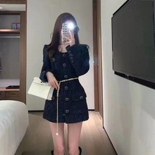 纯原22秋冬sp蓝格子混织圆领开襟收腰西装长大外套牌高端精品女装