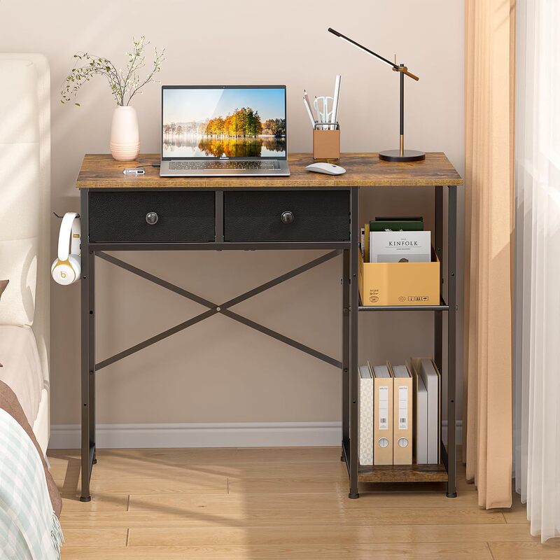 Small computer desk with drawers and storage shelves is suitable for home offices in small spaces