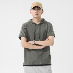 Kunhaipengyun メンズ夏の新作半袖 Tシャツメンズカジュアルトレンディブランドメンズフード付き半袖シャツスウェットシャツブラック