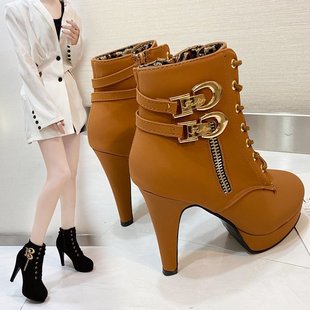 Foreign Trade Super High Heel Short Boots for Women with Buckle Martin Boots for Women with Side Zipper Lace-Up Stiletto Heel Women's Boots Ankle Boots Manufacturer