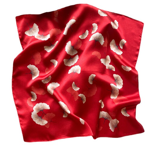 Wholesale Chinese Red Ginkgo Leaf Silk Small Square Scarf Mother's Style Spring and Autumn Decorative Silk Scarf Mulberry Silk Women's Suit