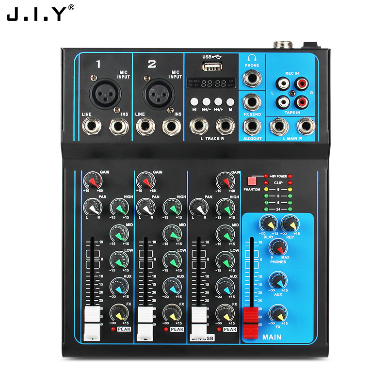 专业4路调音台舞台演出声卡 蓝牙麦克风直播电脑录音dj音响设备